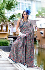 Anaita Grey Ajrakh Printed Pure Satin Silk Saree With Blouse | Grocsy