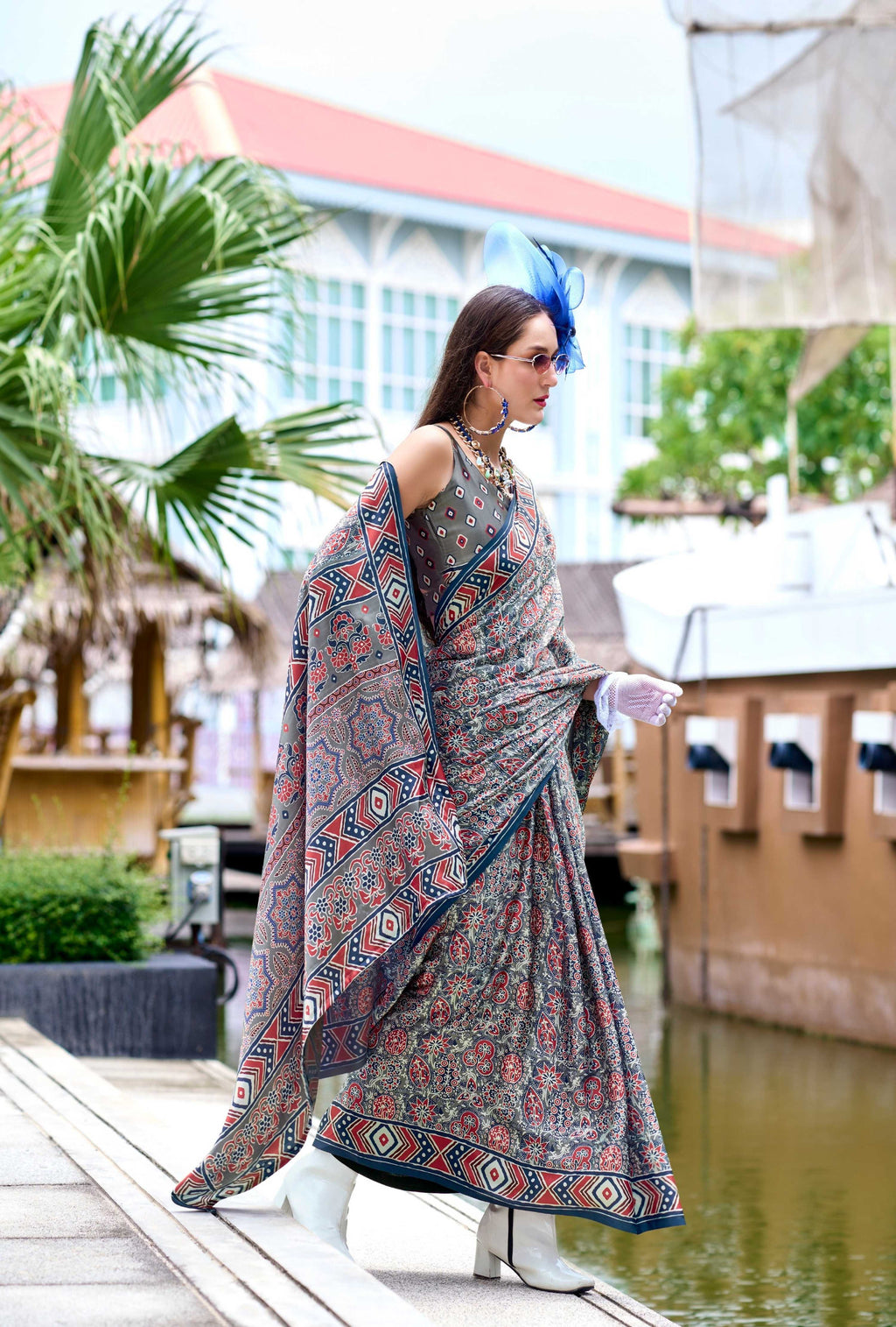 Anaita Grey Ajrakh Printed Pure Satin Silk Saree With Blouse | Grocsy