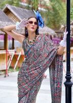 Anaita Grey Ajrakh Printed Pure Satin Silk Saree With Blouse | Grocsy