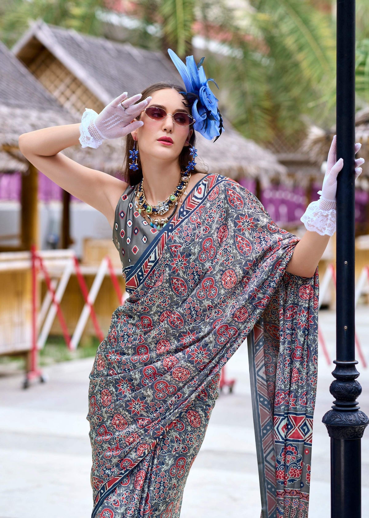 Anaita Grey Ajrakh Printed Pure Satin Silk Saree With Blouse | Grocsy