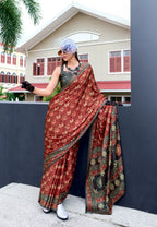 Anaita Maroon Ajrakh Printed Pure Satin Silk Saree With Blouse | Grocsy