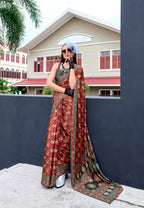 Anaita Maroon Ajrakh Printed Pure Satin Silk Saree With Blouse | Grocsy