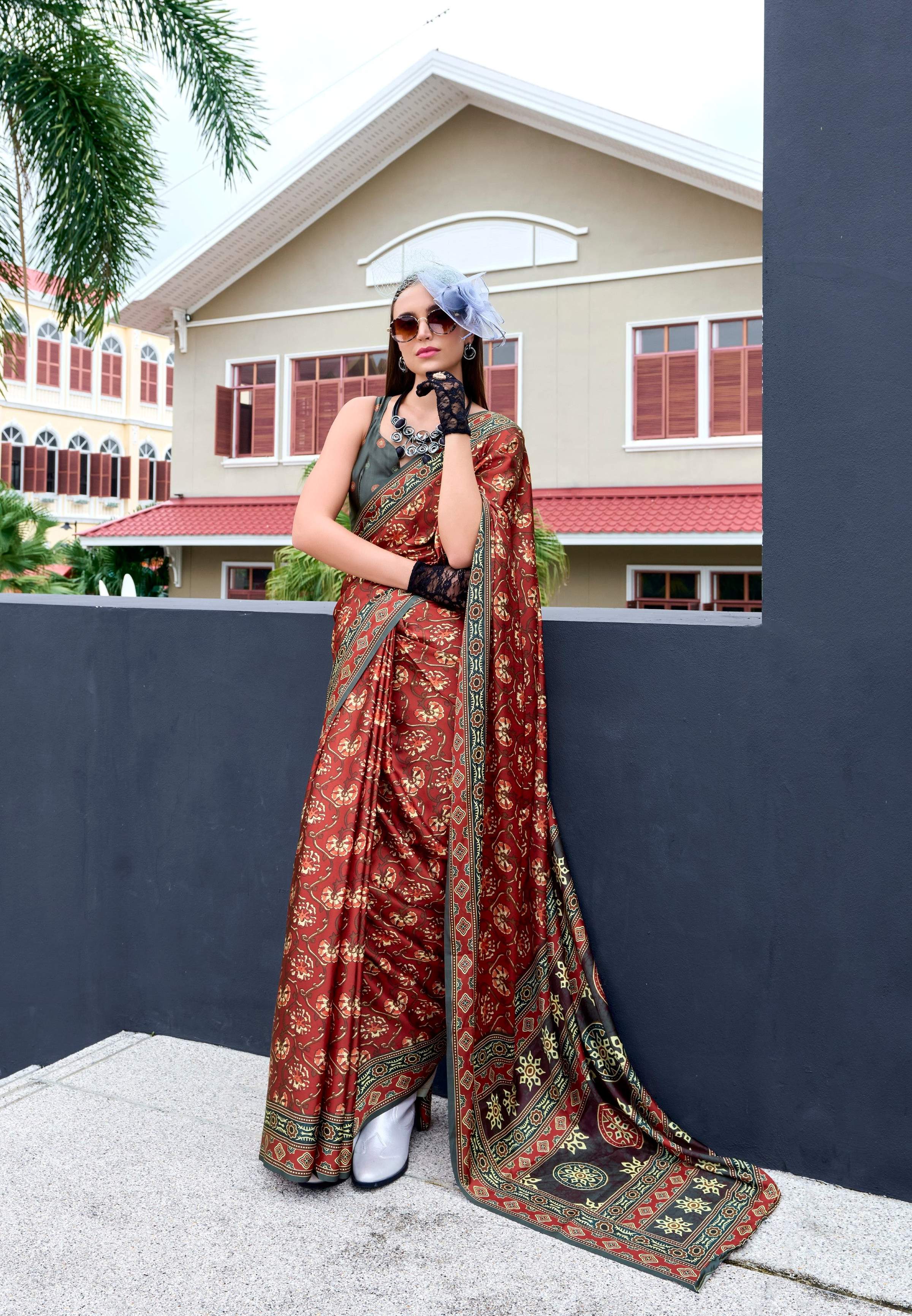 Anaita Maroon Ajrakh Printed Pure Satin Silk Saree With Blouse | Grocsy