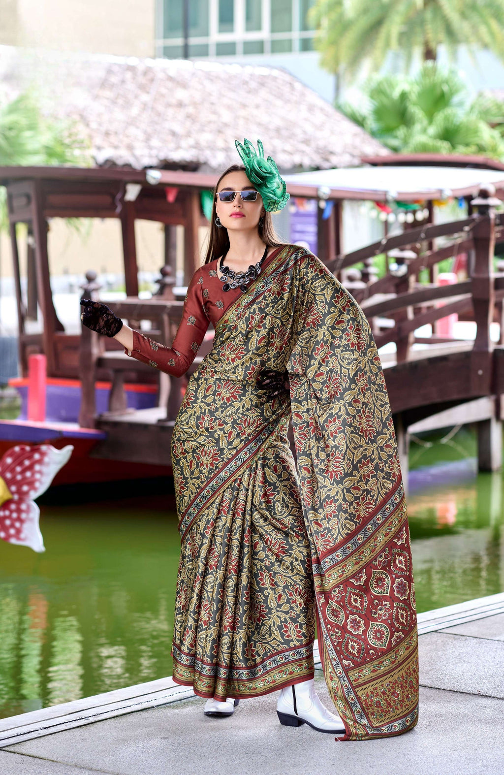 Anaita Dark Grey Ajrakh Printed Pure Satin Silk Saree With Blouse | Grocsy