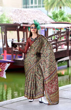 Anaita Dark Grey Ajrakh Printed Pure Satin Silk Saree With Blouse | Grocsy