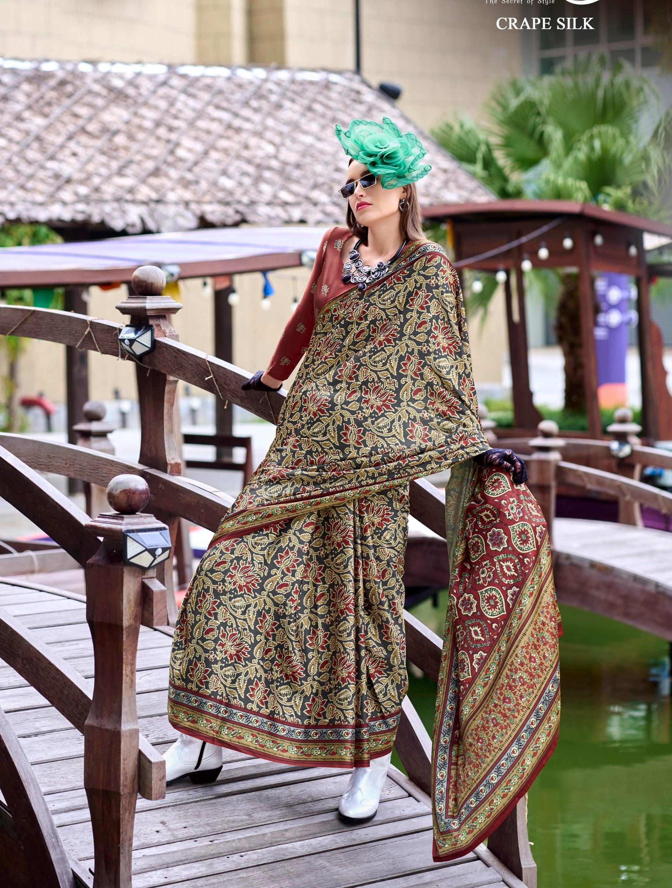 Anaita Dark Grey Ajrakh Printed Pure Satin Silk Saree With Blouse | Grocsy