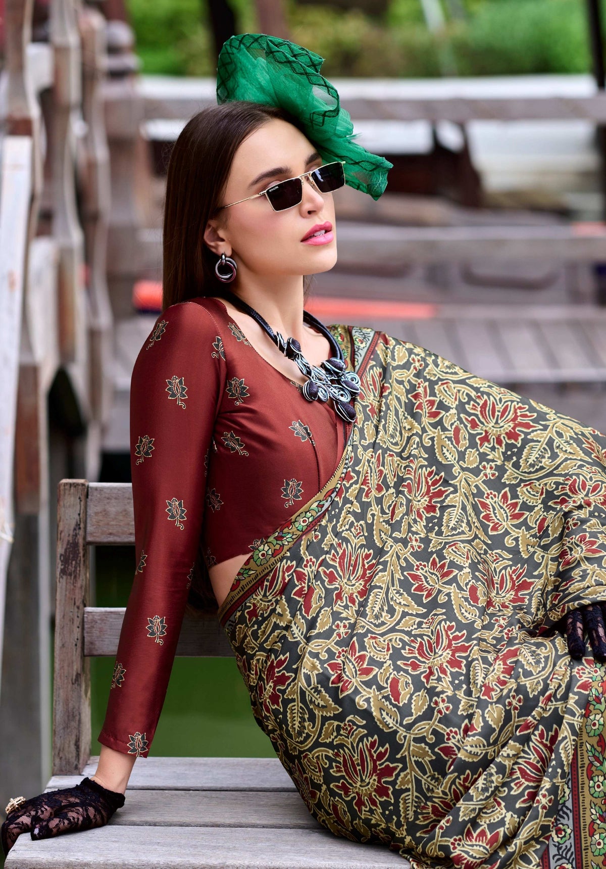 Anaita Dark Grey Ajrakh Printed Pure Satin Silk Saree With Blouse | Grocsy