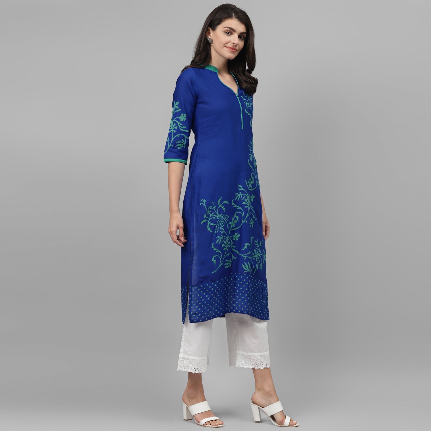 Maai Rayon Hand Printed Kurta Blue | Grocsy