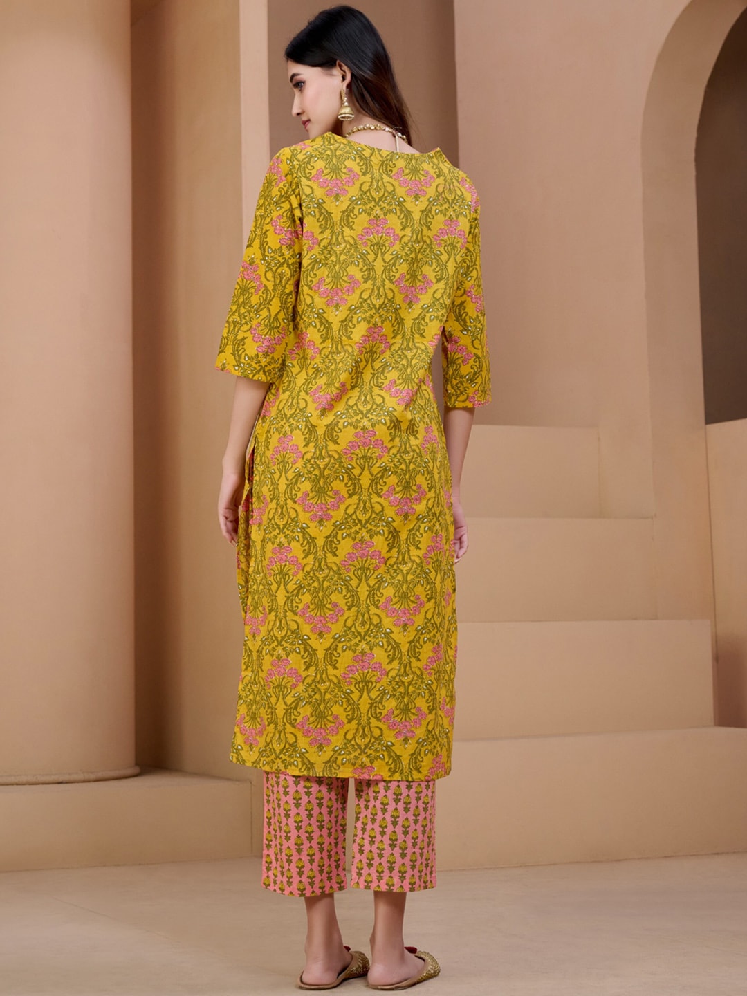 Sangria Yellow & Peach Floral Printed Pure Cotton Straight Kurta With Trousers & Dupatta | Grocsy