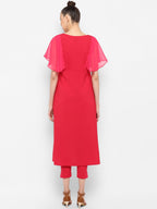 Janasya Women Magenta & Silver-Toned Printed Kurta with Trousers | Grocsy
