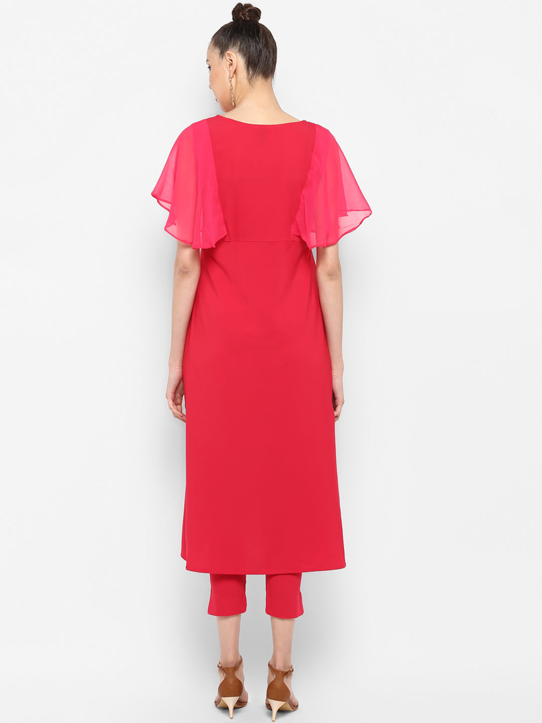 Janasya Women Magenta & Silver-Toned Printed Kurta with Trousers | Grocsy
