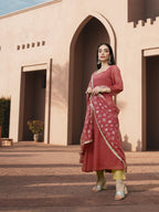 All About You Square Neck Dobby Weave A-Line Kurta With Dupatta | Grocsy