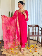 The52 Women's Beautiful Viscose Embroidery work Straight Kurta with Pant and Dupatta Set | Grocsy