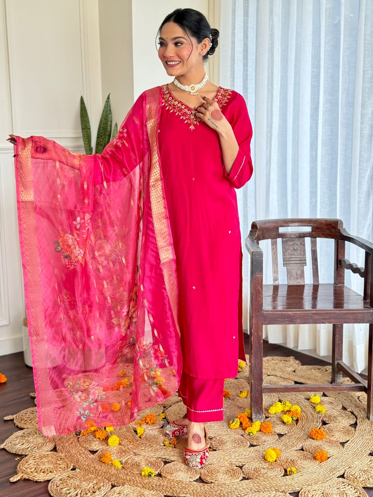 The52 Women's Beautiful Viscose Embroidery work Straight Kurta with Pant and Dupatta Set | Grocsy