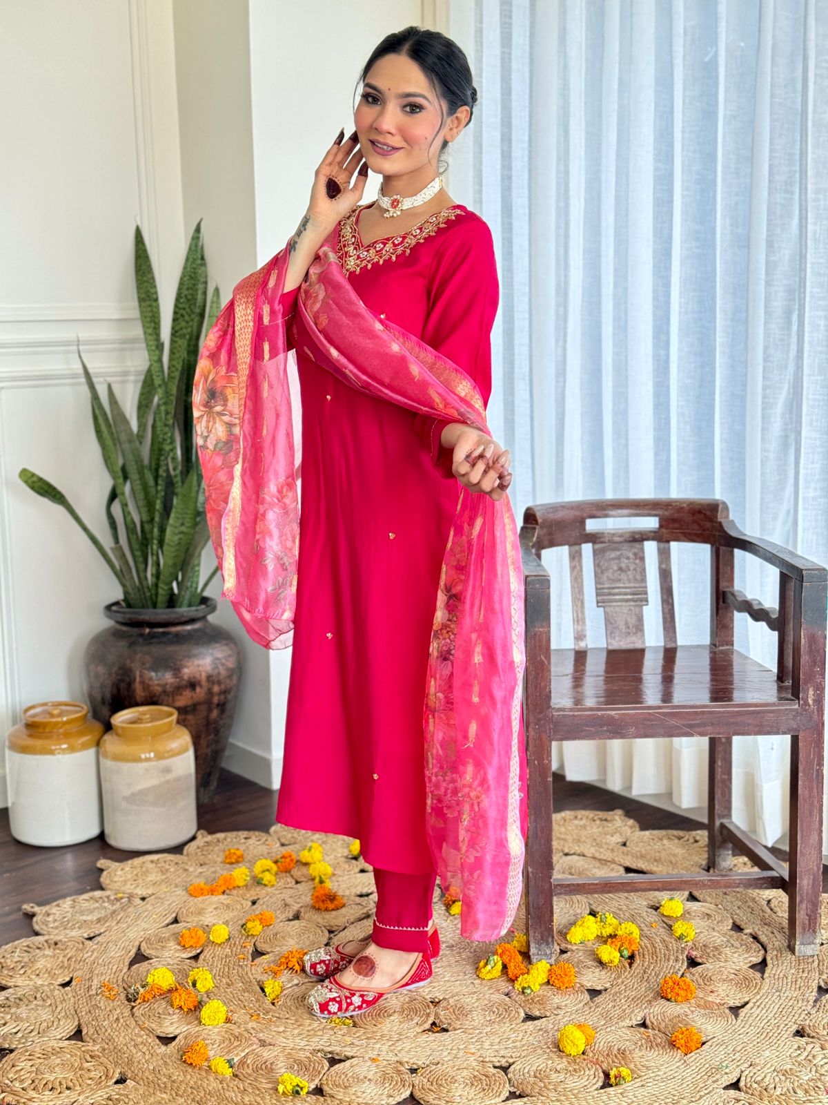 The52 Women's Beautiful Viscose Embroidery work Straight Kurta with Pant and Dupatta Set | Grocsy