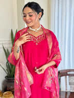 The52 Women's Beautiful Viscose Embroidery work Straight Kurta with Pant and Dupatta Set | Grocsy