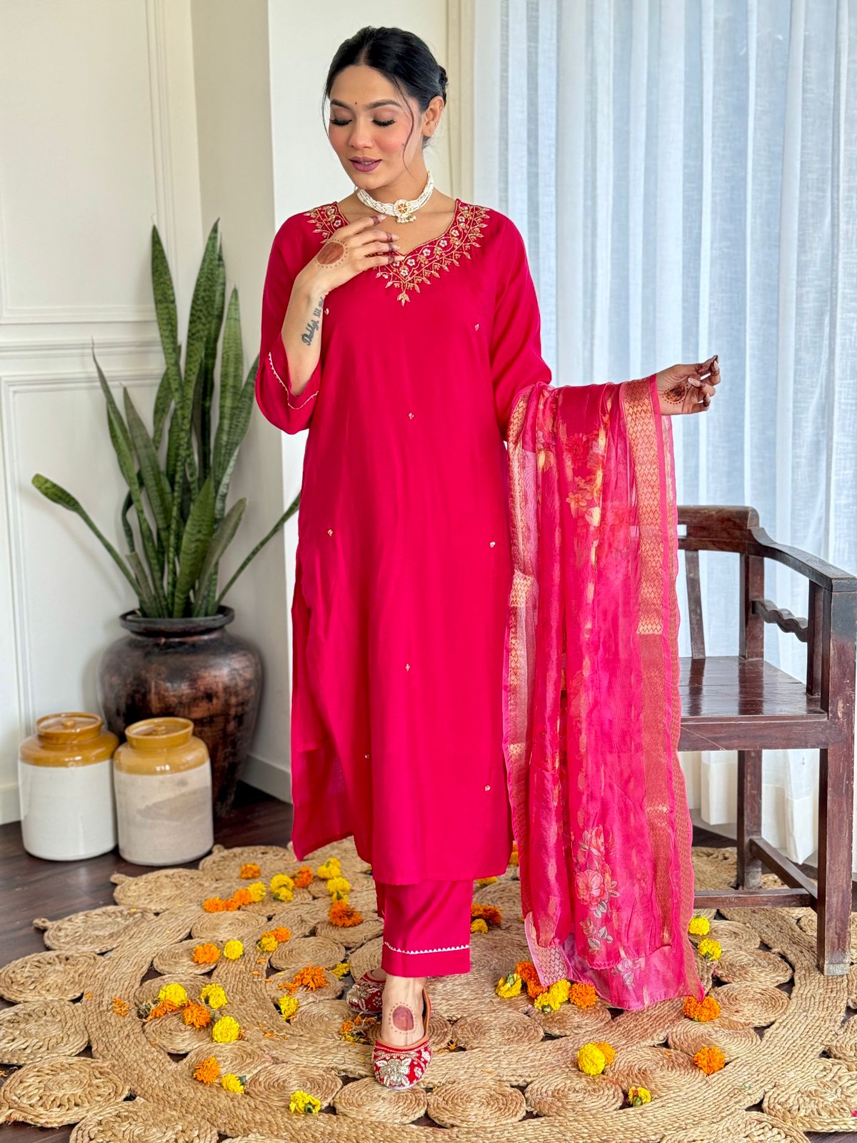 The52 Women's Beautiful Viscose Embroidery work Straight Kurta with Pant and Dupatta Set | Grocsy