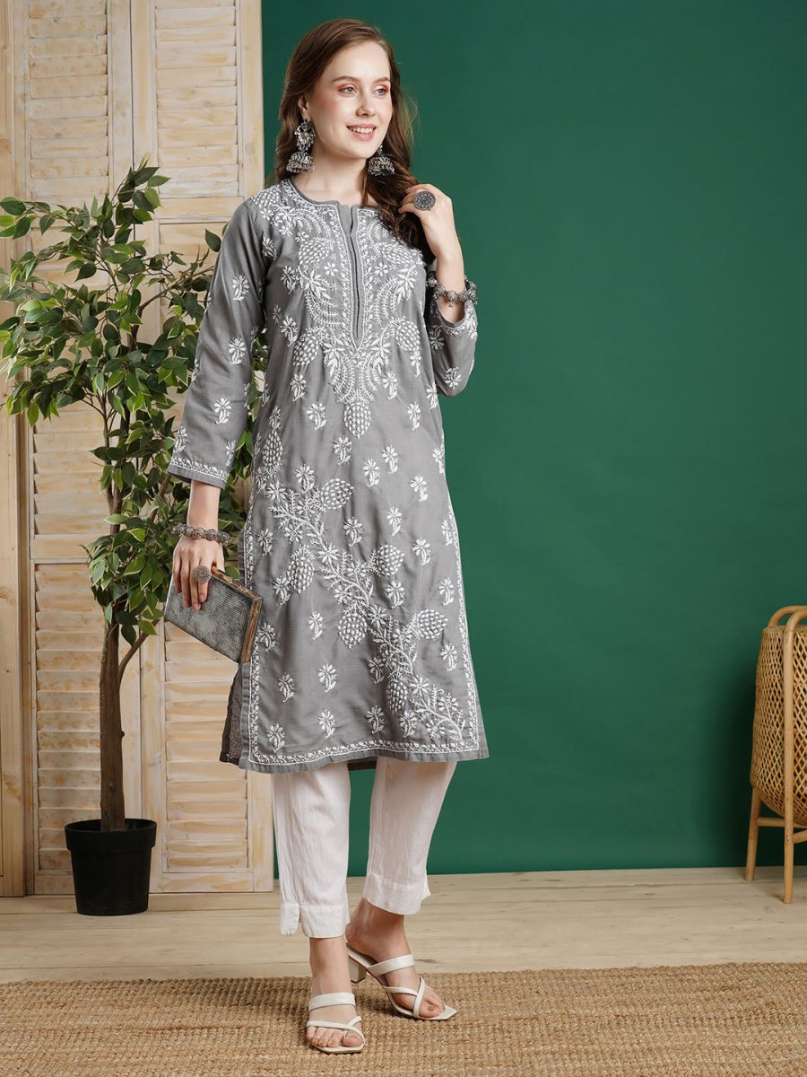 ADA Women Grey & White Chikankari Embroidered Straight Kurta | Grocsy