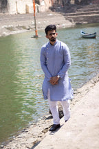 Jompers Men's Steel Blue Self Design Kurta with Pajama | Grocsy