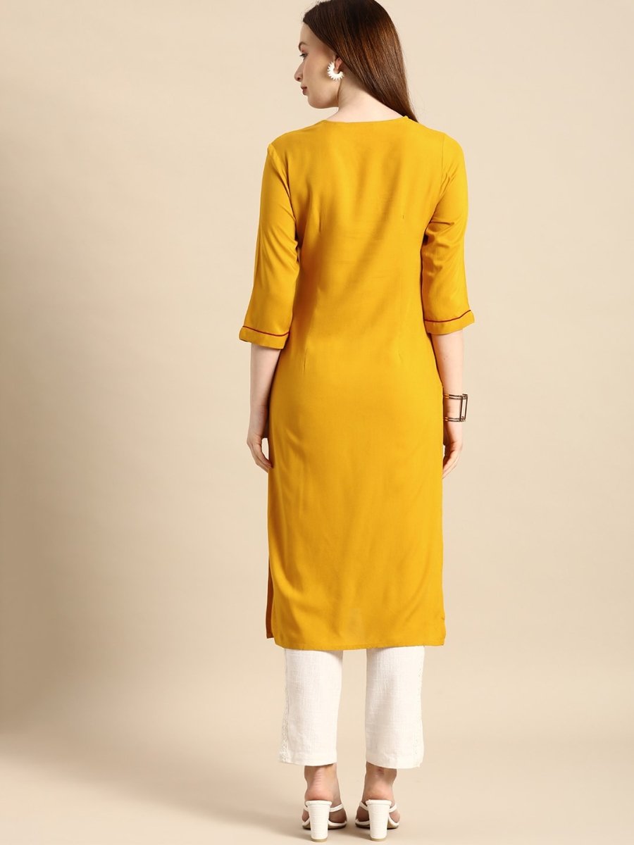 All About You Women Mustard Yellow Ethnic Motifs Yoke Design Keyhole Neck Straight Kurta | Grocsy