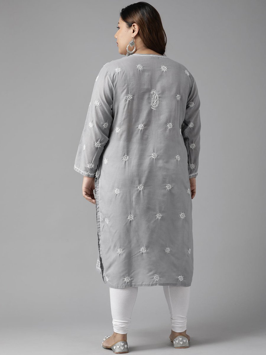 ADA Women Plus Size Grey Floral Embroidered Chikankari Kurta | Grocsy