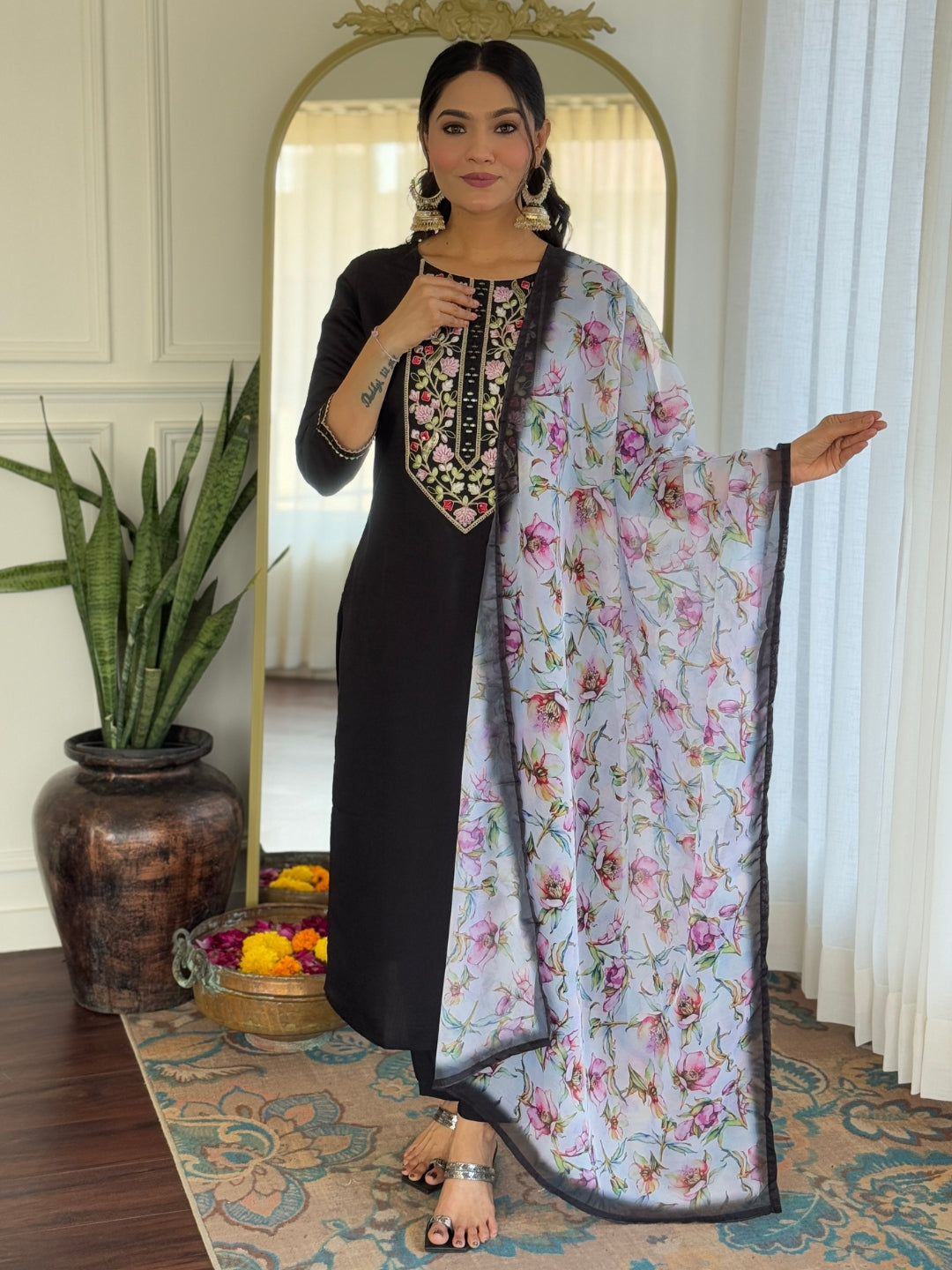 The52 Women Embroidery Work with Rayon Fabric Straight Kurta, Pant and Dupatta Set | Grocsy