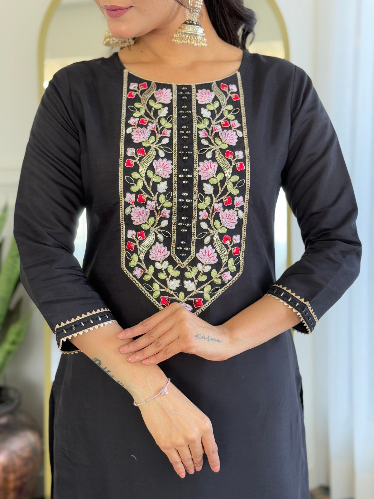 The52 Women Embroidery Work with Rayon Fabric Straight Kurta, Pant and Dupatta Set | Grocsy