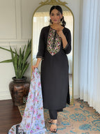 The52 Women Embroidery Work with Rayon Fabric Straight Kurta, Pant and Dupatta Set | Grocsy