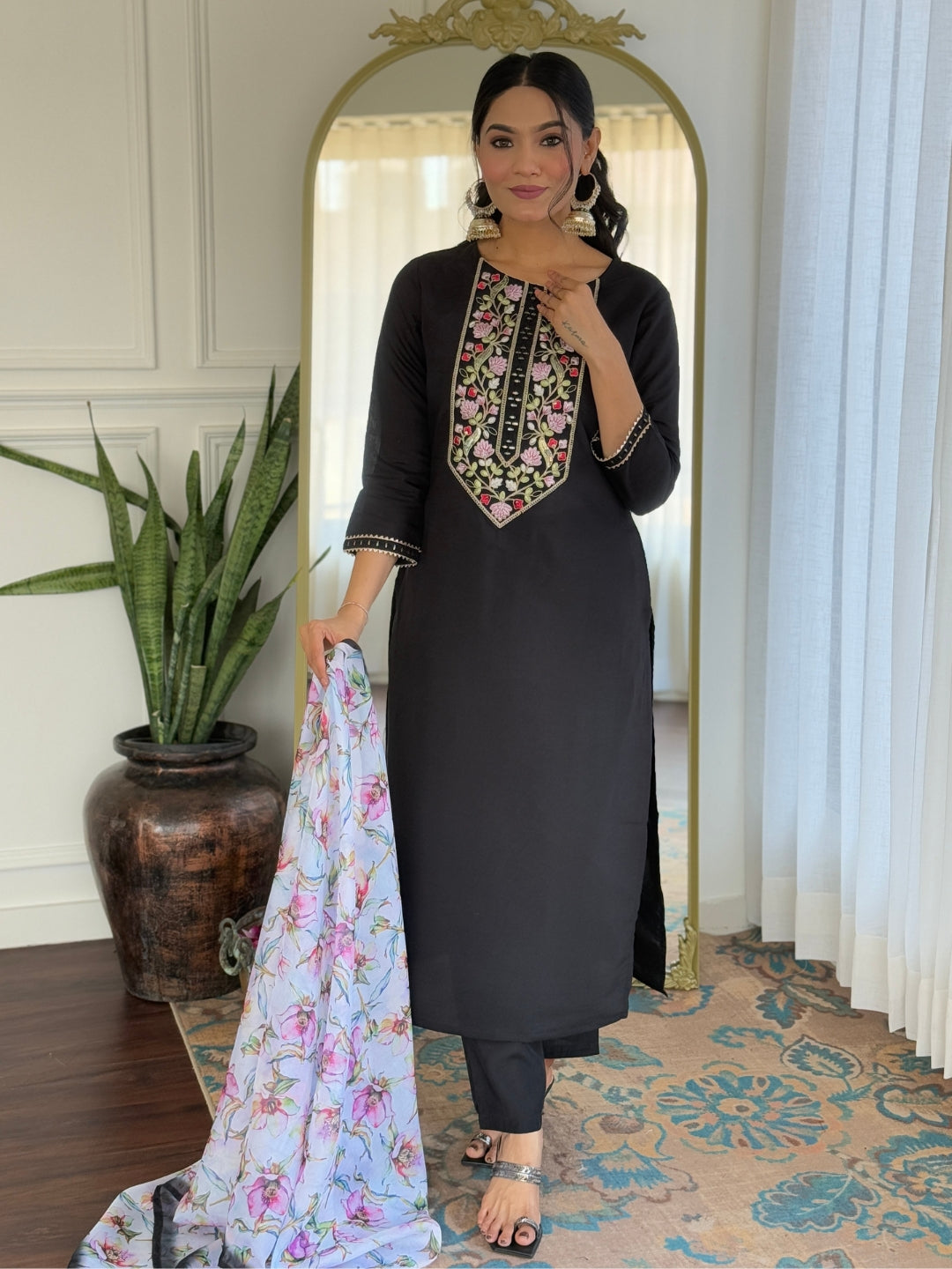 The52 Women Embroidery Work with Rayon Fabric Straight Kurta, Pant and Dupatta Set | Grocsy
