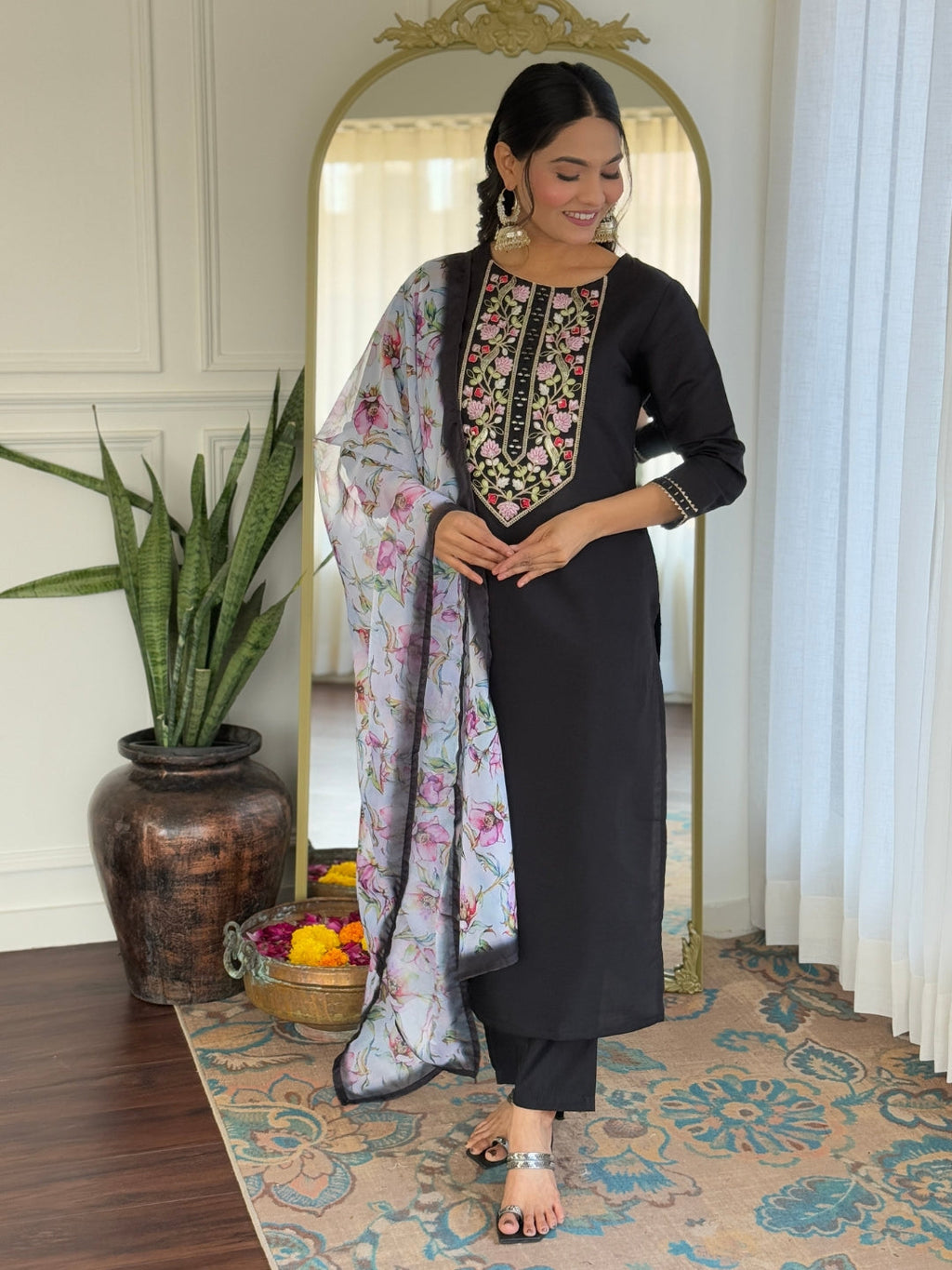 The52 Women Embroidery Work with Rayon Fabric Straight Kurta, Pant and Dupatta Set | Grocsy