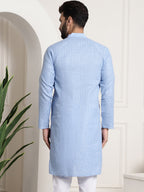 Sojanya Men Blue Dobby Self-Checked Straight Kurta | Grocsy