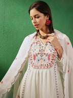 Sangria V-Neck Long Sleeves Thread Work Embroidered Kurta Sets | Grocsy