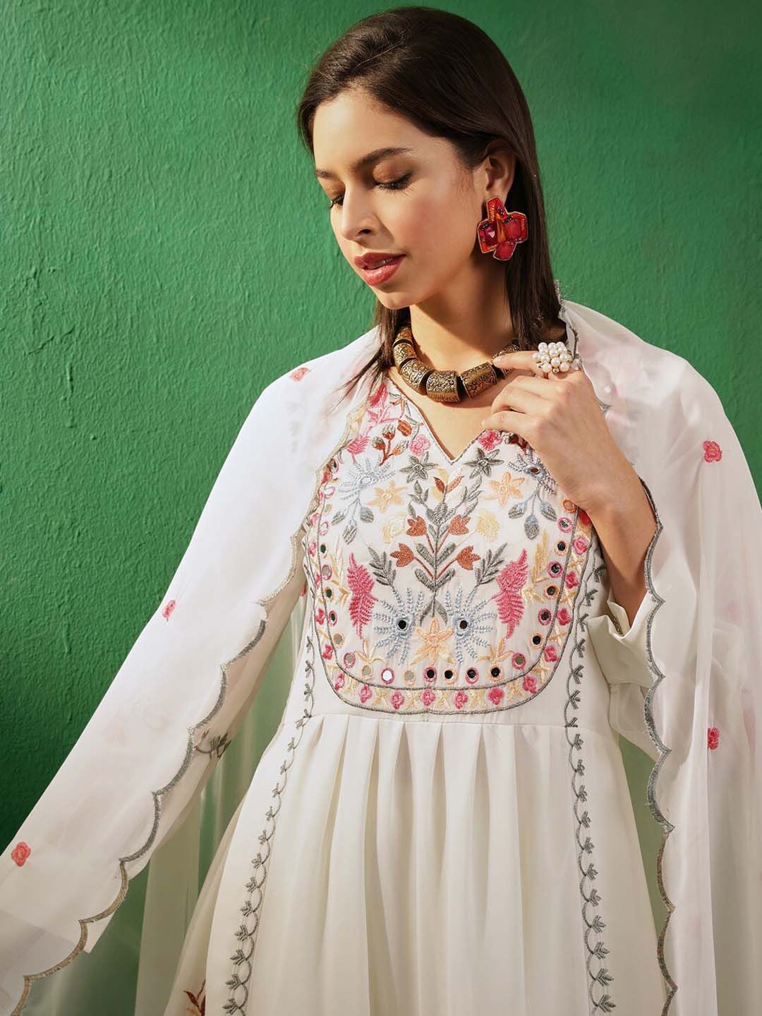 Sangria V-Neck Long Sleeves Thread Work Embroidered Kurta Sets | Grocsy