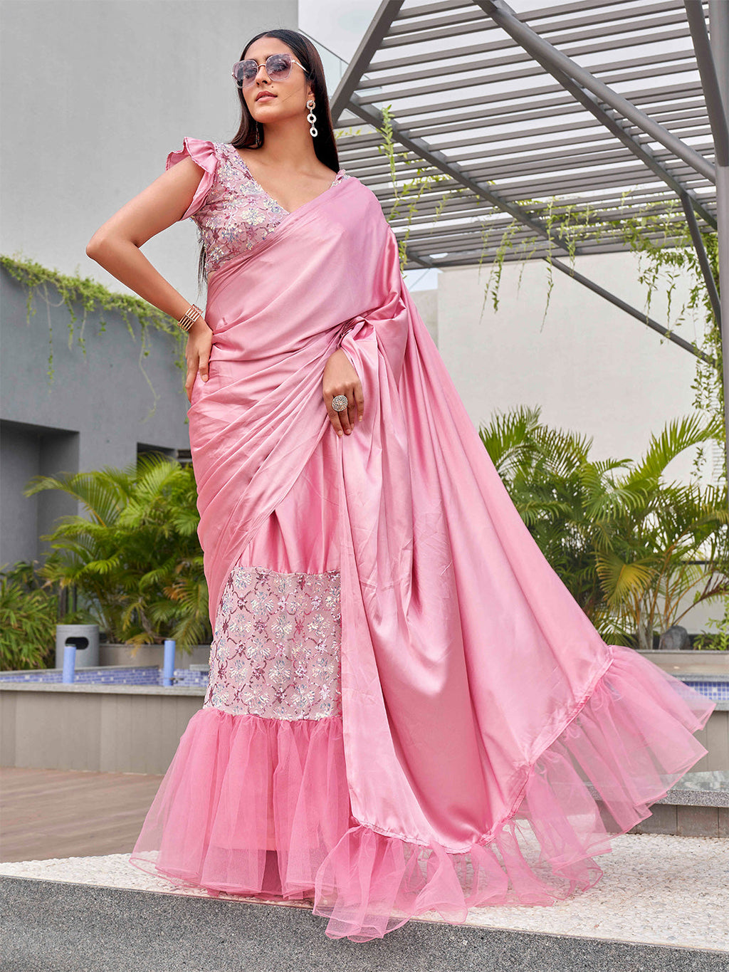 Tikhi Imli Sequinned Satin Ready to Wear Saree | Grocsy
