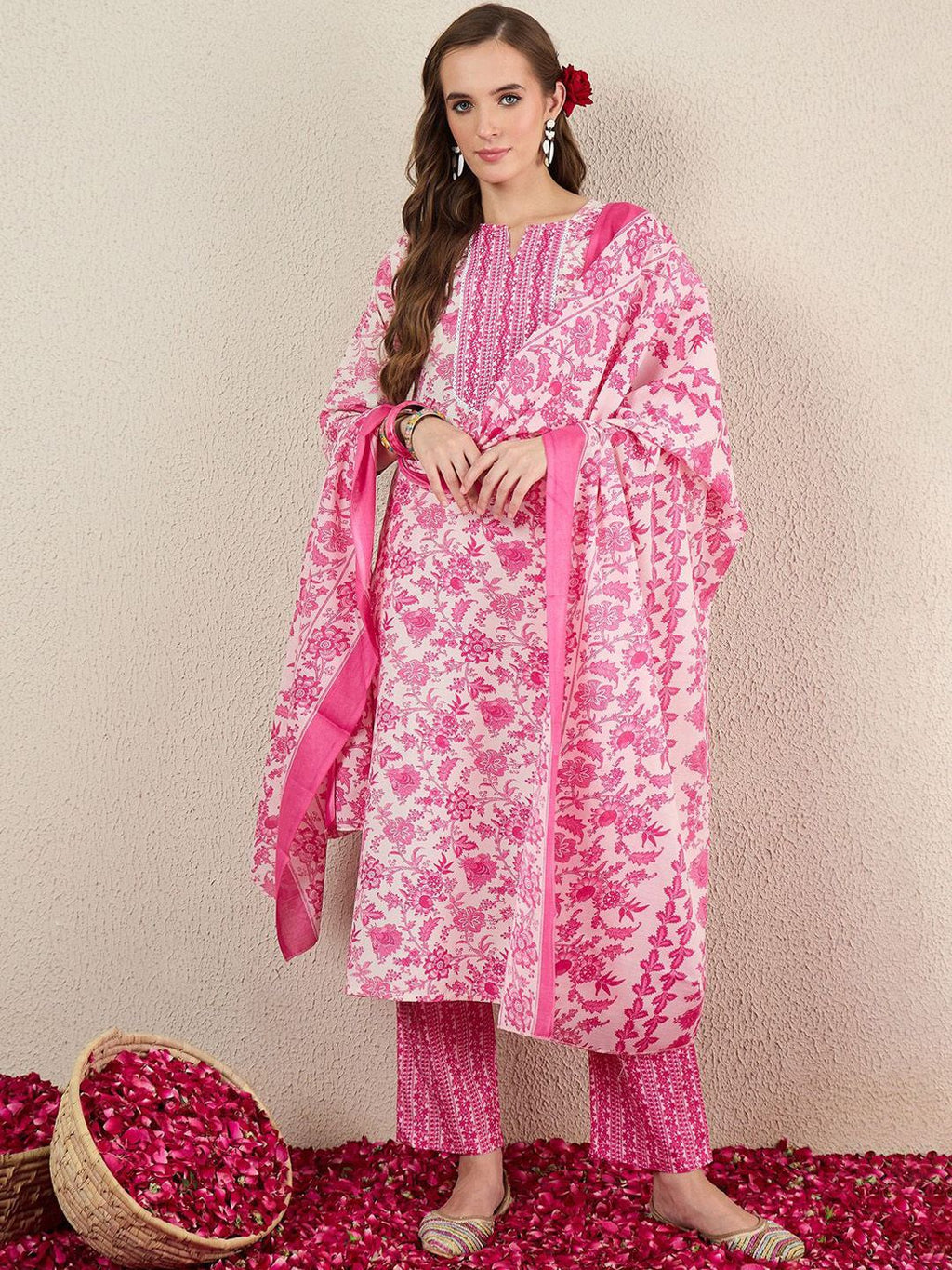 Indo Era Women Floral Printed Kurta with Trousers & Dupatta | Grocsy