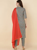 HERE&NOW Women Grey Ethnic Motifs Printed Gotta Patti Kurta with Trouser & Dupatta | Grocsy