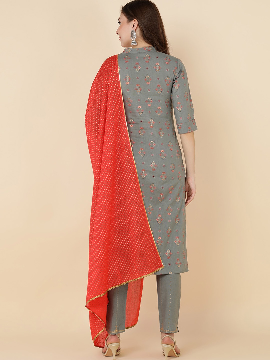 HERE&NOW Women Grey Ethnic Motifs Printed Gotta Patti Kurta with Trouser & Dupatta | Grocsy