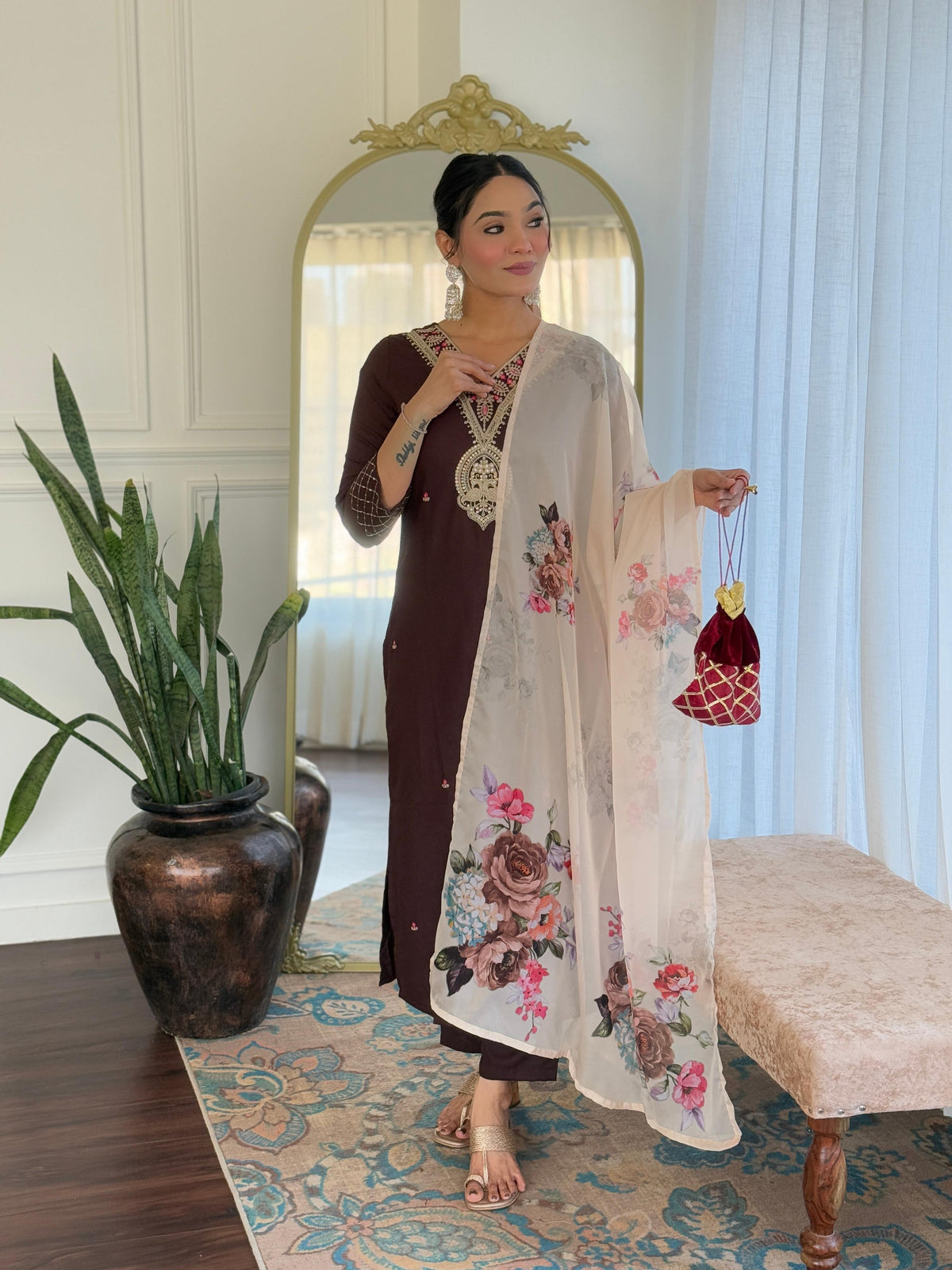 The52 Women's Rayon Slub Embroidery work Straight Kurta with Pant and Dupatta Set | Grocsy