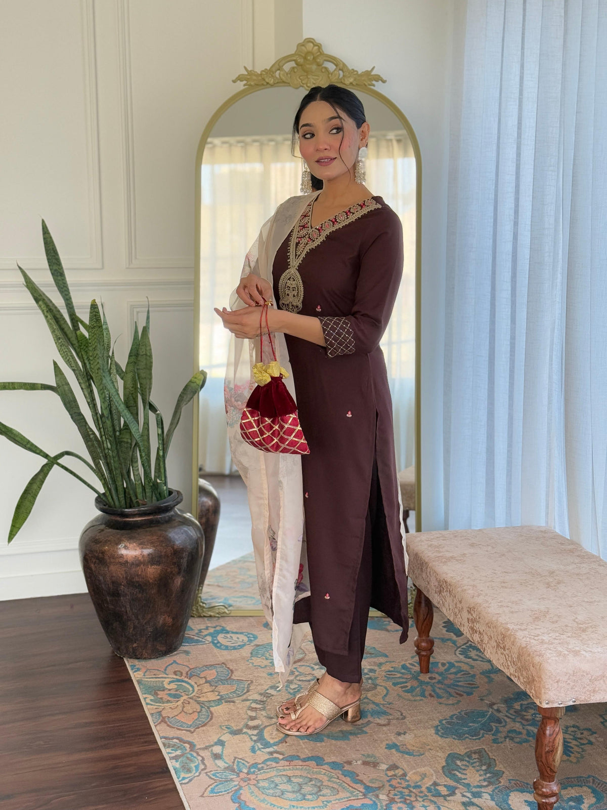 The52 Women's Rayon Slub Embroidery work Straight Kurta with Pant and Dupatta Set | Grocsy