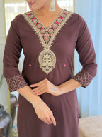 The52 Women's Rayon Slub Embroidery work Straight Kurta with Pant and Dupatta Set | Grocsy