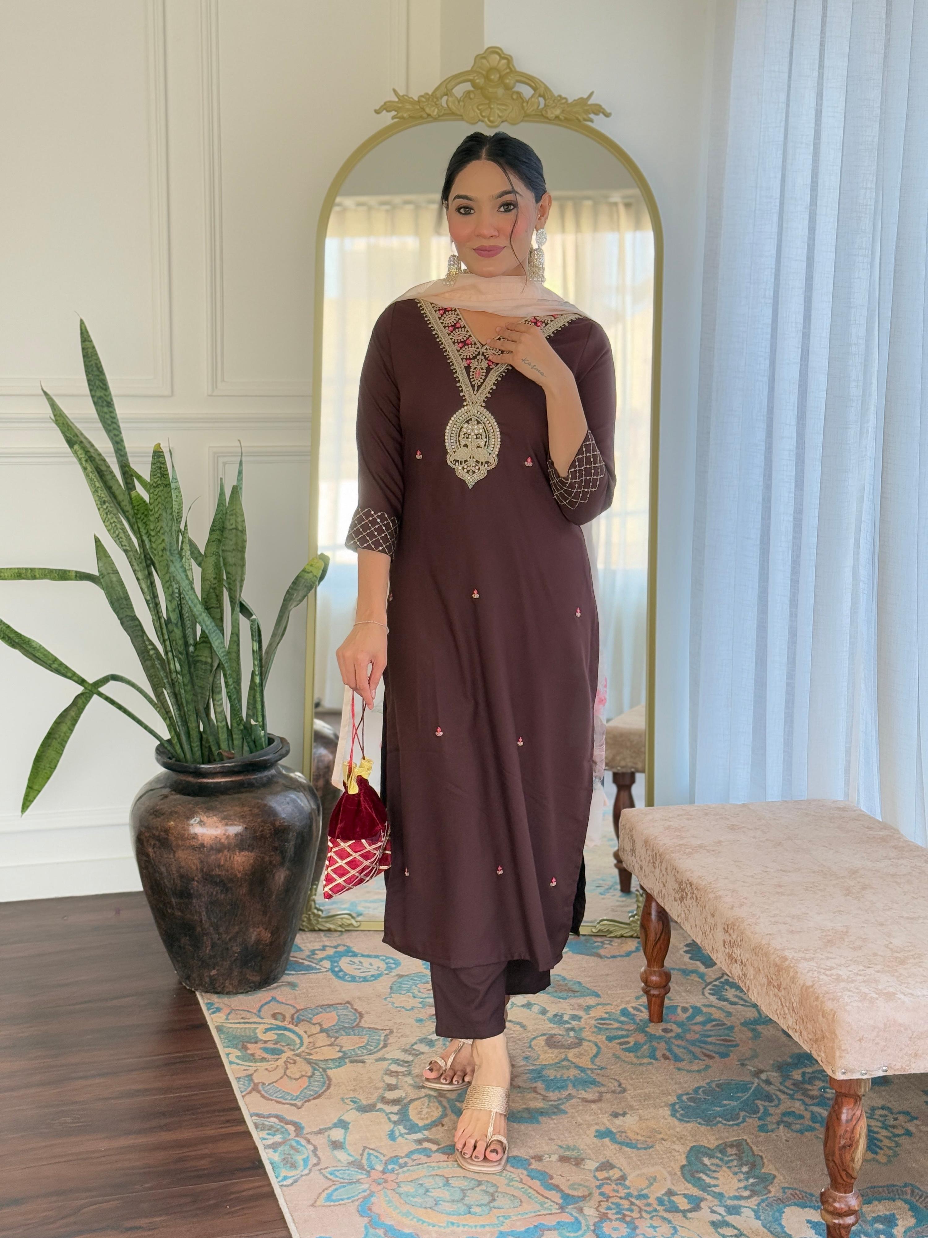 The52 Women's Rayon Slub Embroidery work Straight Kurta with Pant and Dupatta Set | Grocsy
