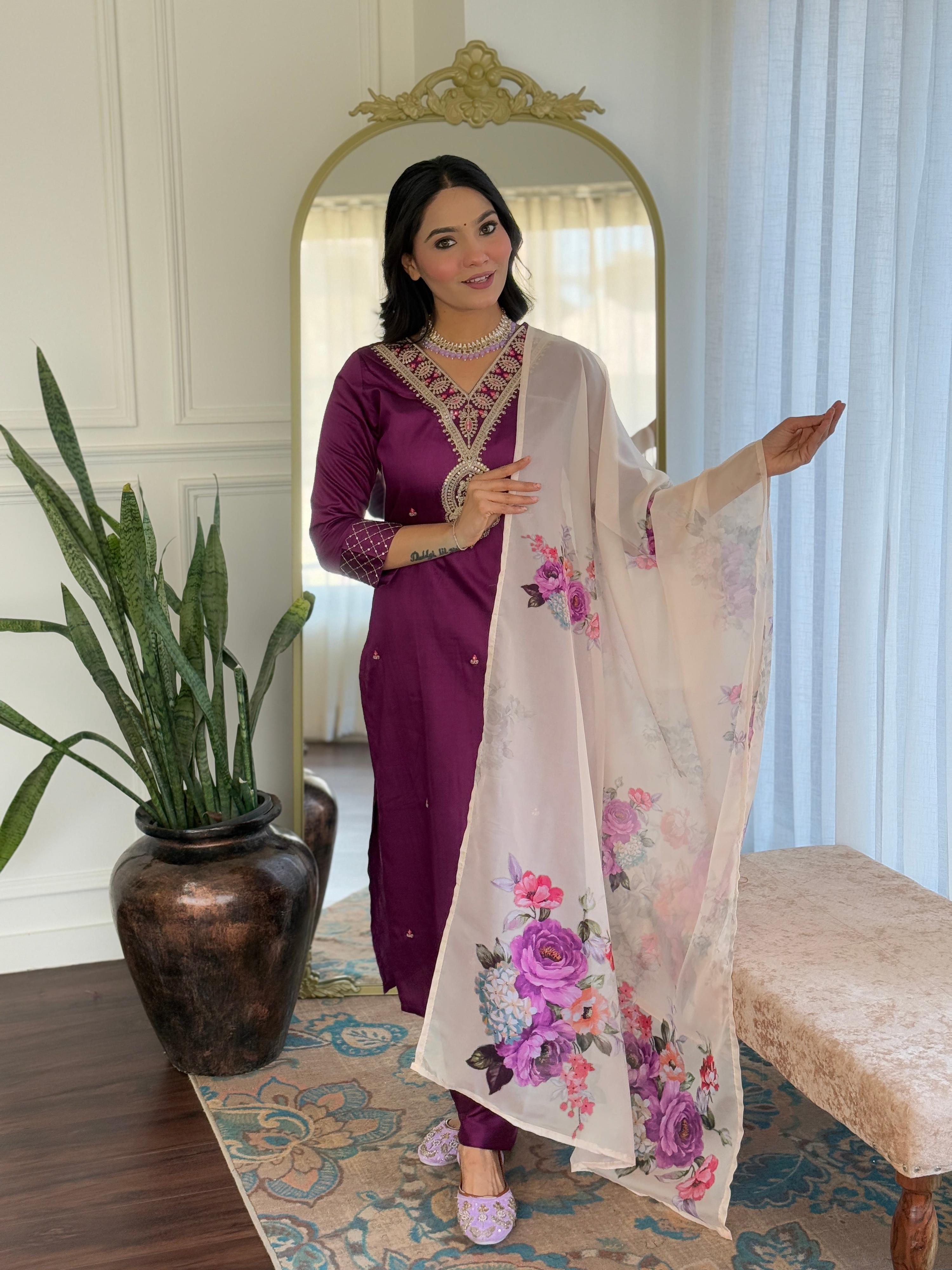 The52 Women's Rayon Slub Embroidery work Straight Kurta with Pant and Dupatta Set | Grocsy