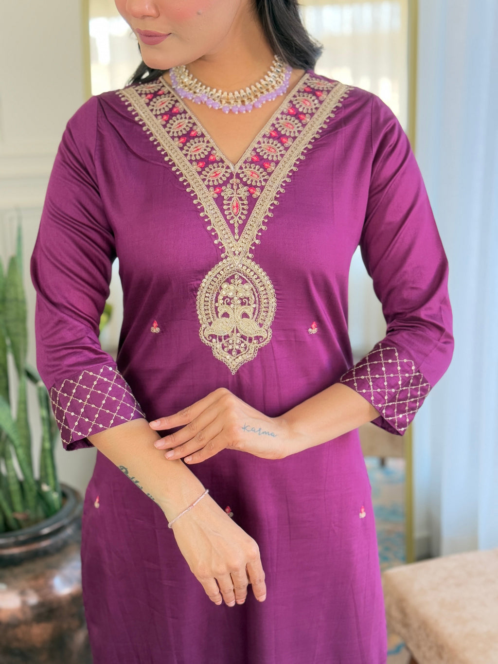 The52 Women's Rayon Slub Embroidery work Straight Kurta with Pant and Dupatta Set | Grocsy
