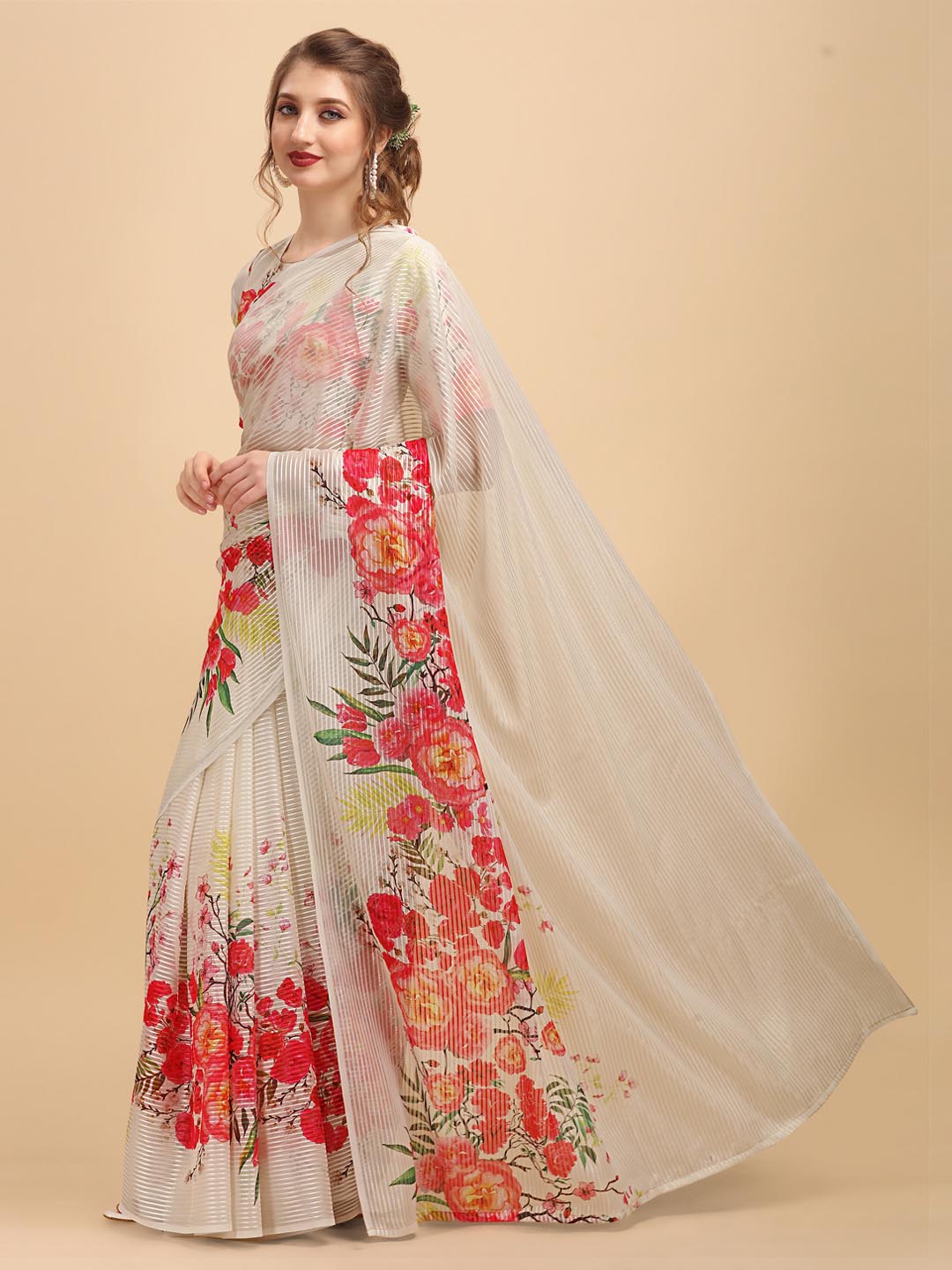 Sangria Off White & Red Floral Satin Designer Saree | Grocsy