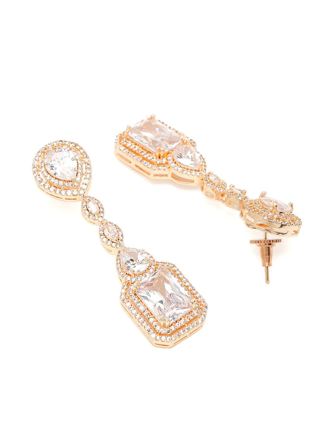 Yellow Chimes Rhodium-Plated Rose-Gold White AD-Studded Drop Earrings | Grocsy