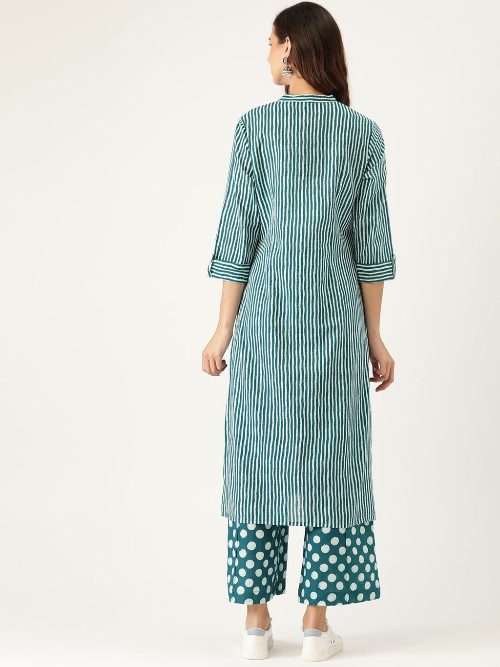 Sangria Women Teal Blue Striped Pure Cotton Kurta with Palazzos | Grocsy