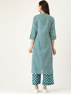 Sangria Women Teal Blue Striped Pure Cotton Kurta with Palazzos | Grocsy