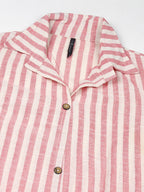 HERE&NOW Pink & White Shirt Collar Roll-Up Sleeves Striped Pure Cotton Straight Kurta | Grocsy