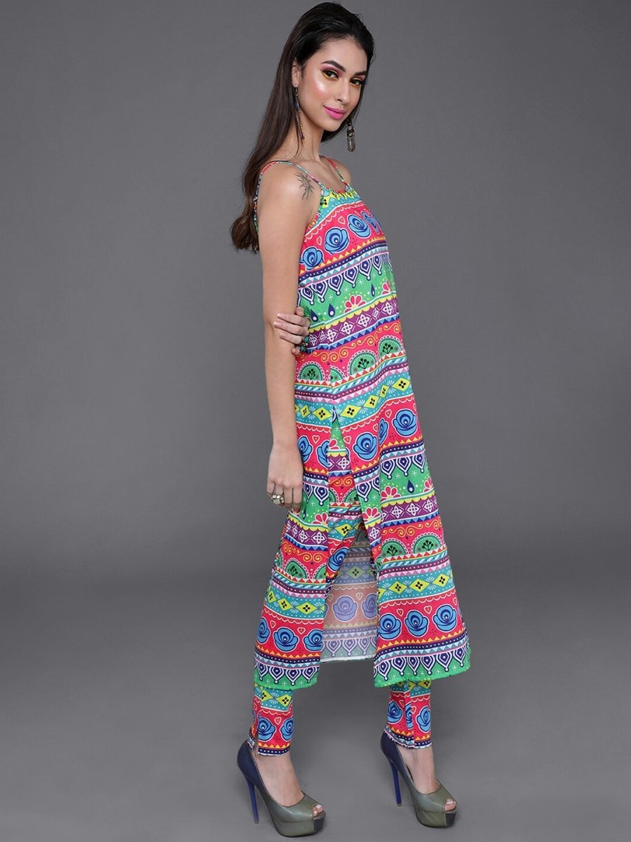 Aks Tribal Printed Shoulder Straps Kurta with Trousers | Grocsy