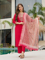 The52 Women's Beautiful Rayon Embroidery work Straight Kurta with Pant and Dupatta Set | Grocsy